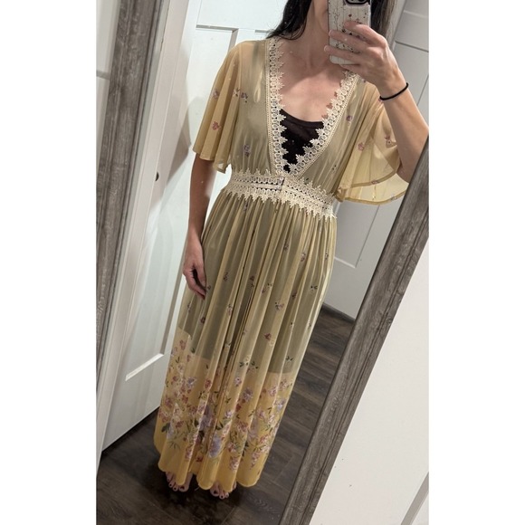 LIFE Love‎ Is For Eternity Kimono Dress Womens XL Yellow Floral Boho Lace Cover - Picture 2 of 9